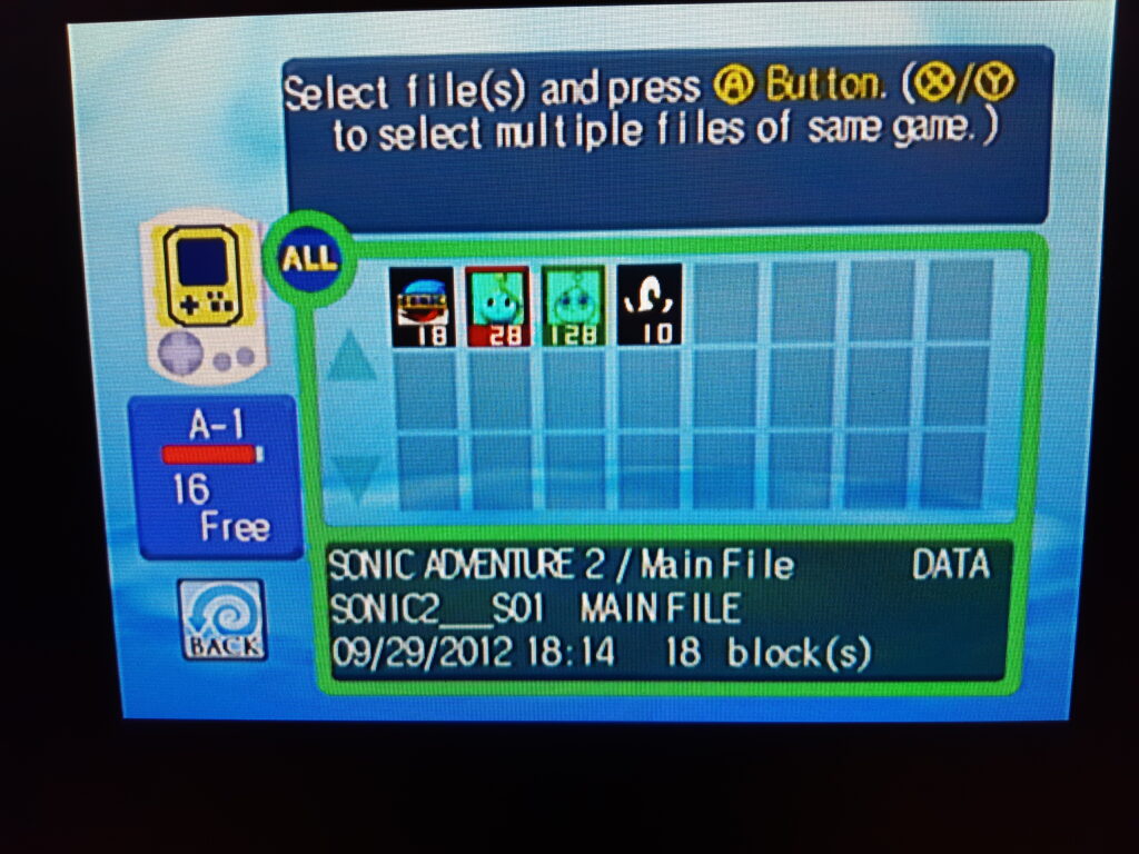 Looking back at my Sega Dreamcast's game save file for Sonic Adventure 2, showing a last modified date of 9/29/2012 at 8:14 PM.